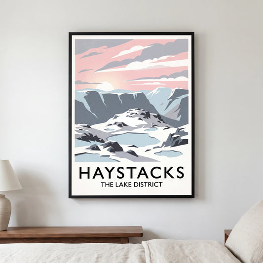 Haystacks travel poster in a black frame, hanging in a bedroom3