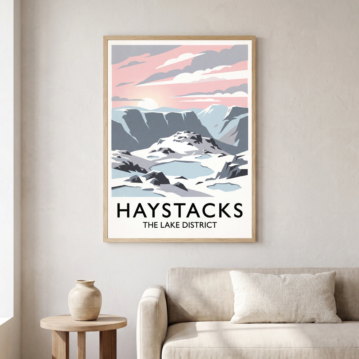 Haystacks travel poster in a natural frame, hanging in a living