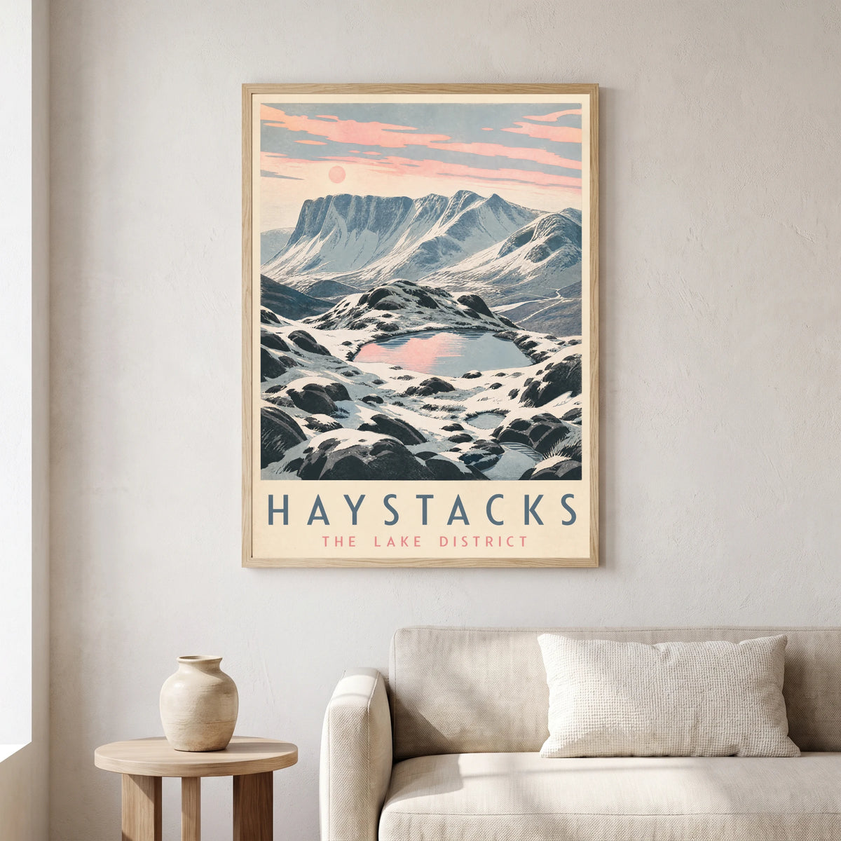 Haystacks travel poster in a natural frame, hanging in a living