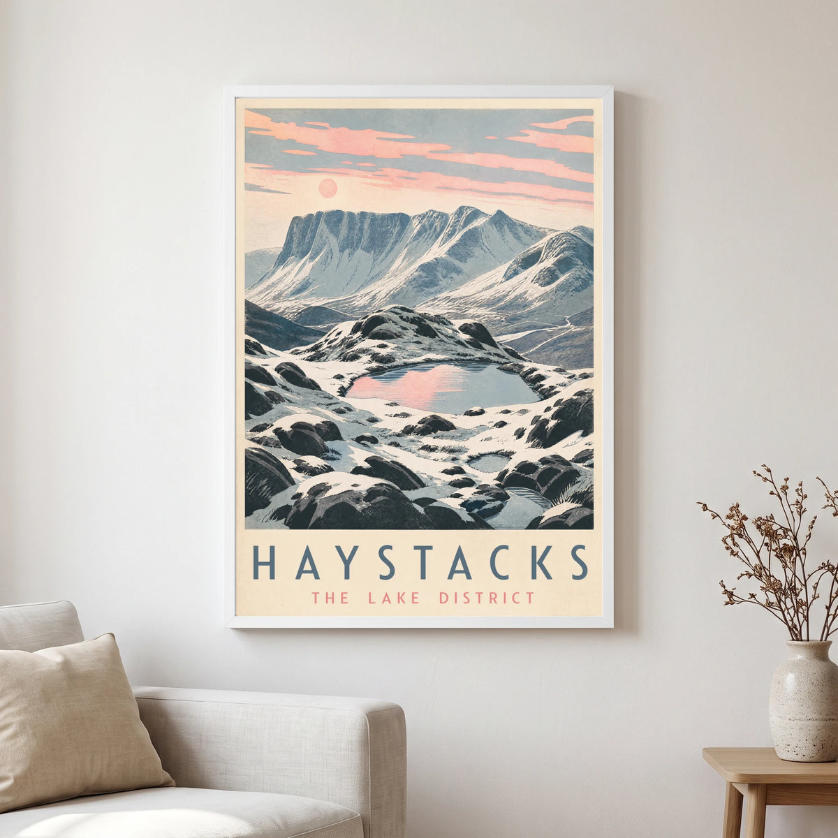 Haystacks travel poster in a white frame, hanging in a living2