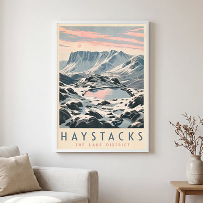 Haystacks travel poster in a white frame, hanging in a living2