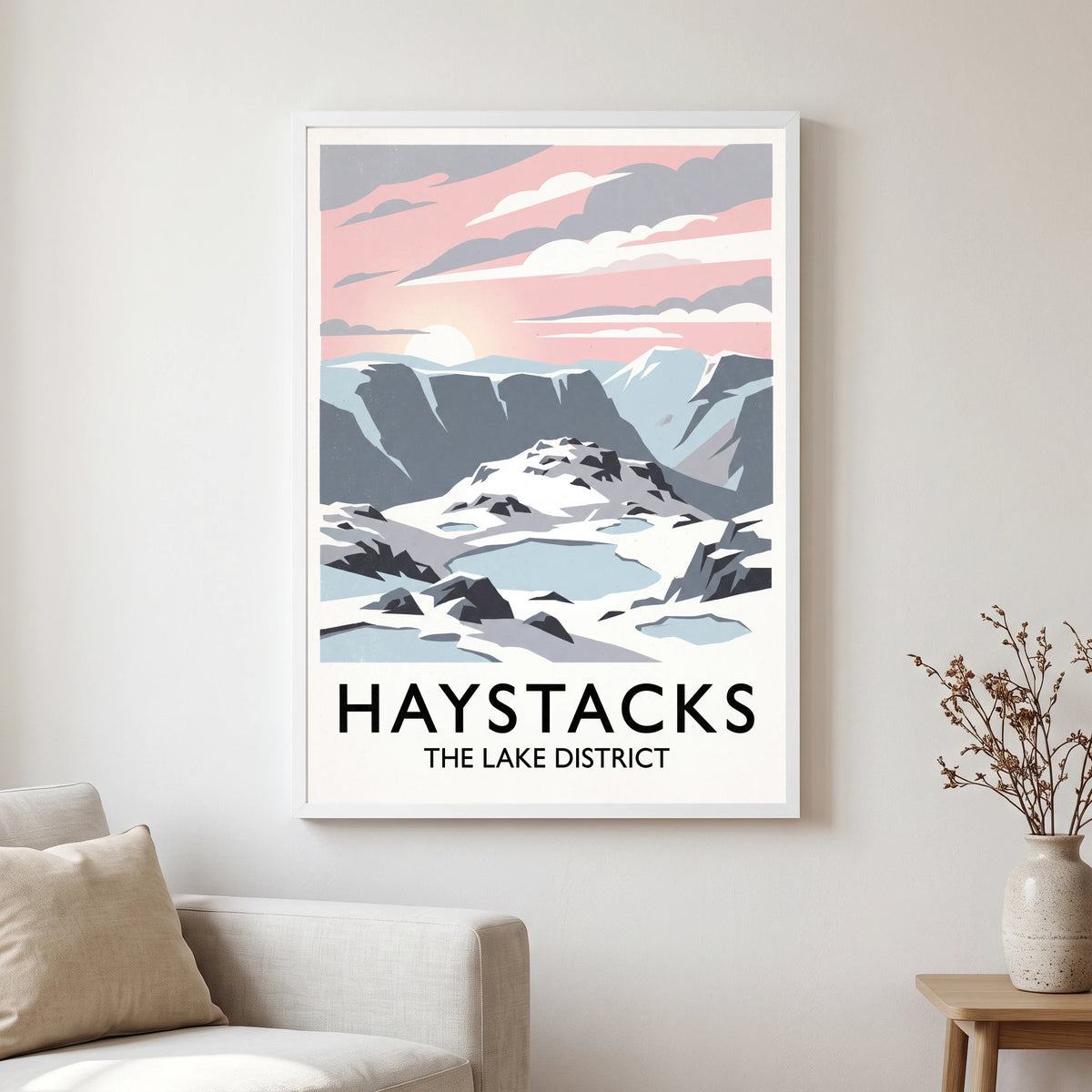 Haystacks travel poster in a white frame, hanging in a living2