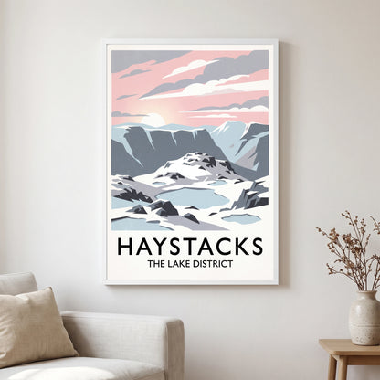 Haystacks travel poster in a white frame, hanging in a living2