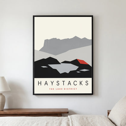 Haystacks travel poster in a black frame, hanging in a bedroom3