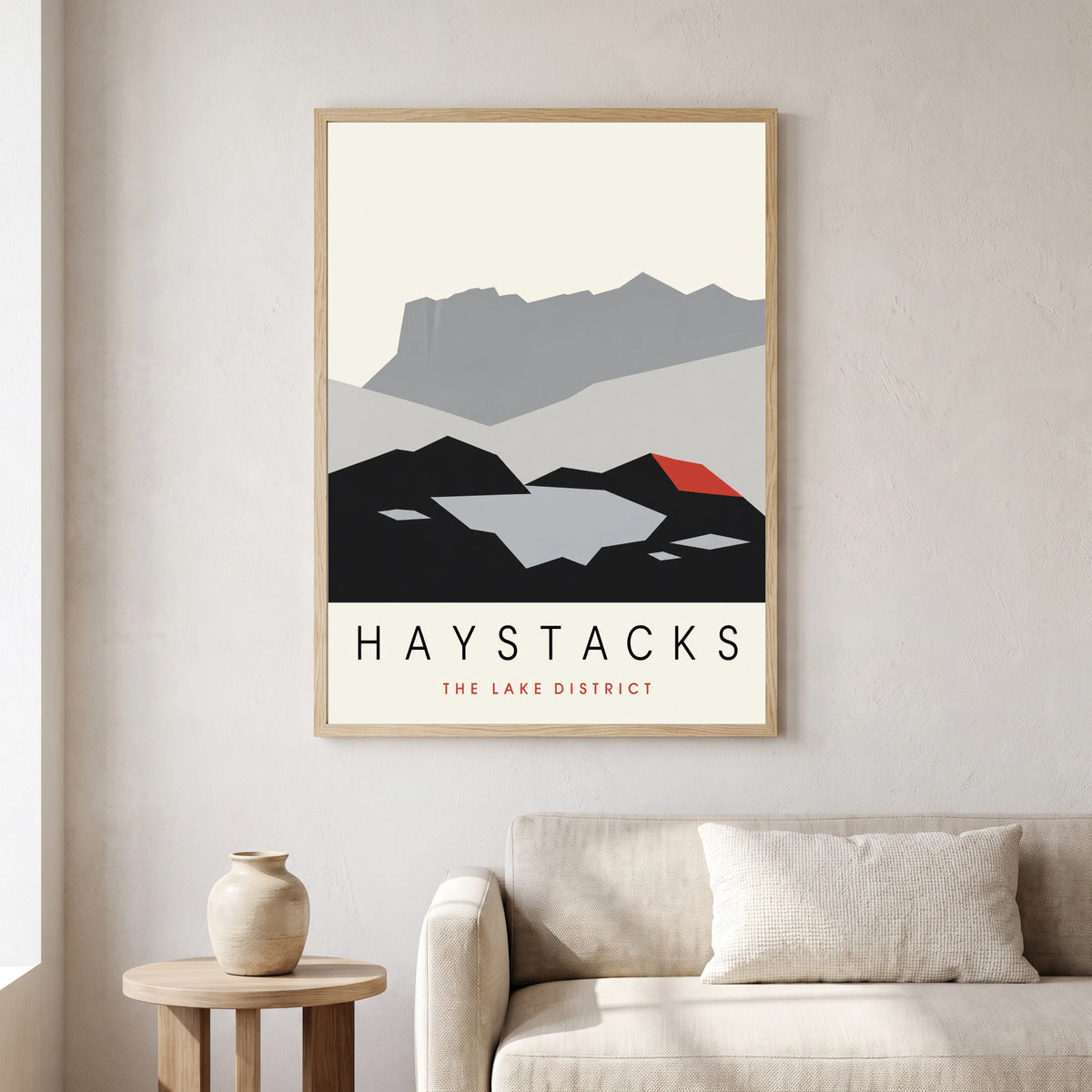 Haystacks travel poster in a natural frame, hanging in a living