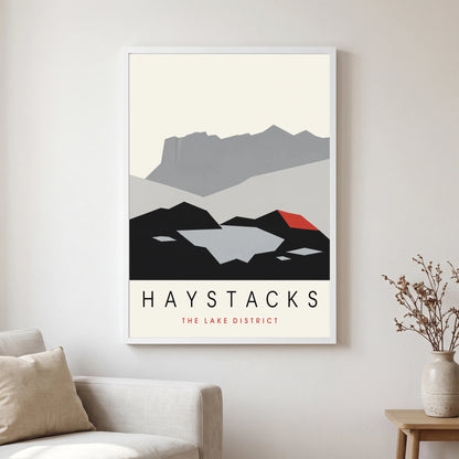 Haystacks travel poster in a white frame, hanging in a living2