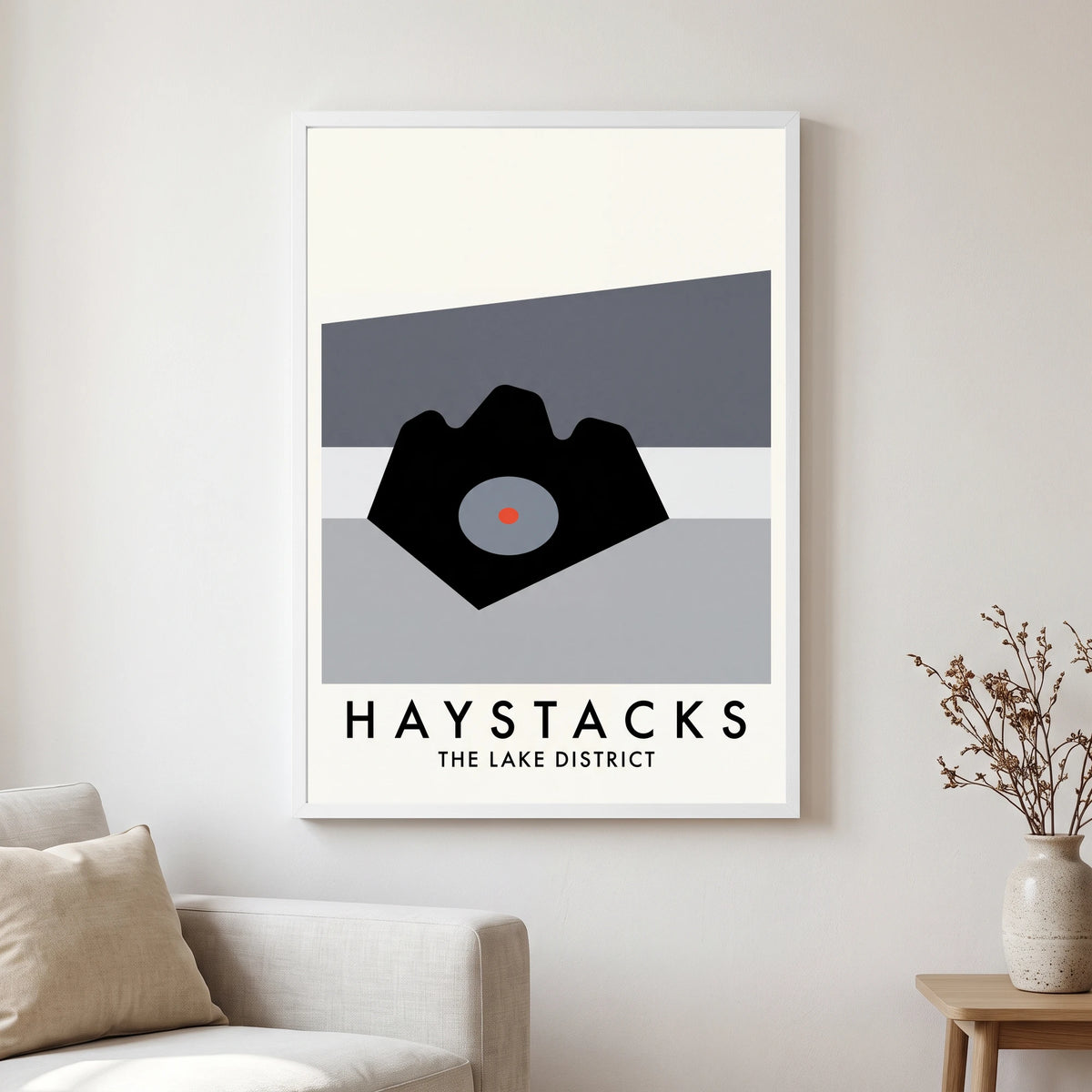 Haystacks travel poster in a white frame, hanging in a living2