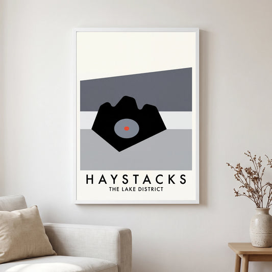 Haystacks travel poster in a white frame, hanging in a living2