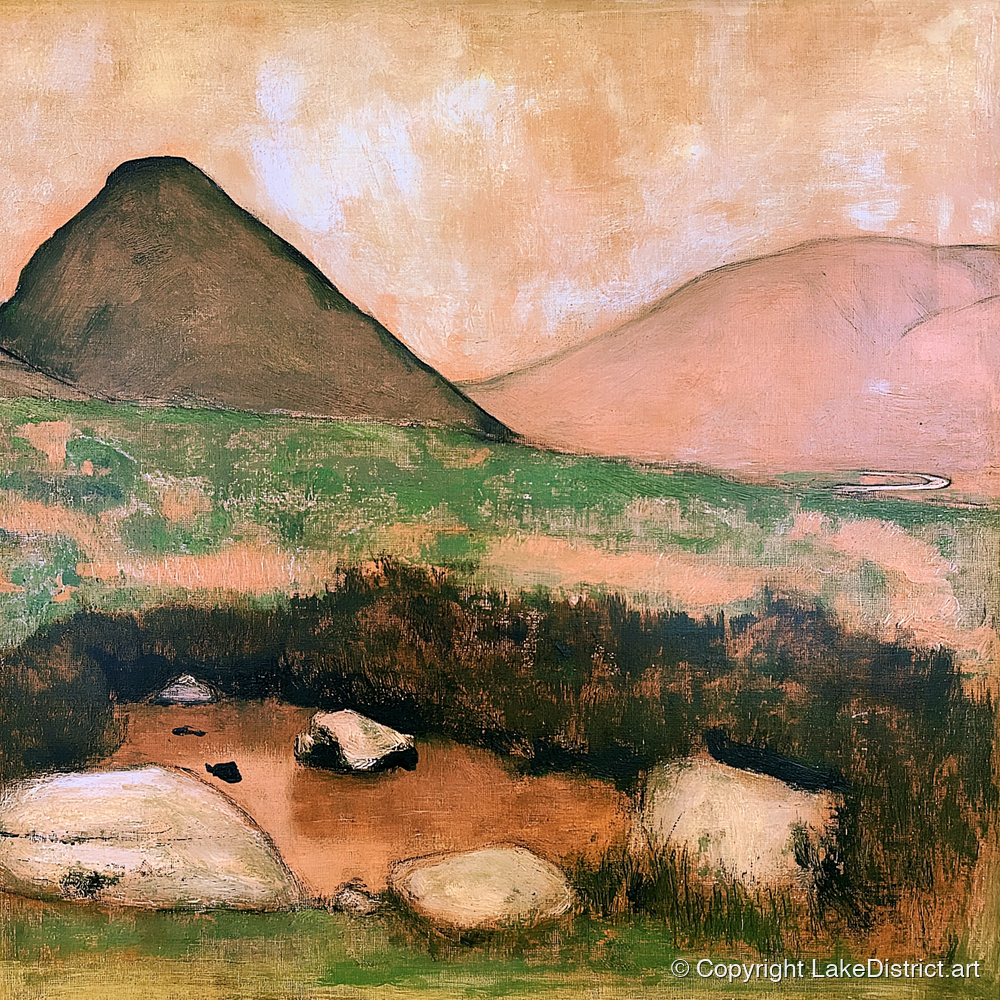 Haystacks Tarn in Warm Light - lake district fell art print and canvas by Arabella Knight A.I