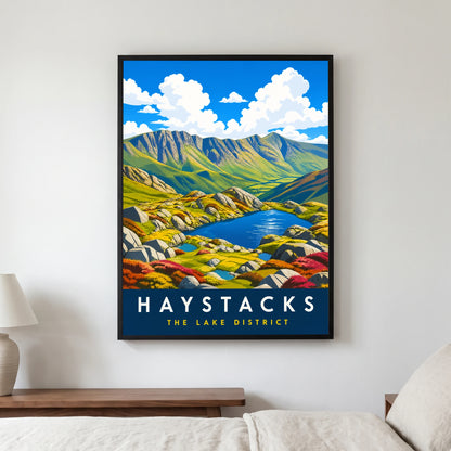 Haystacks travel poster in a black frame, hanging in a bedroom3