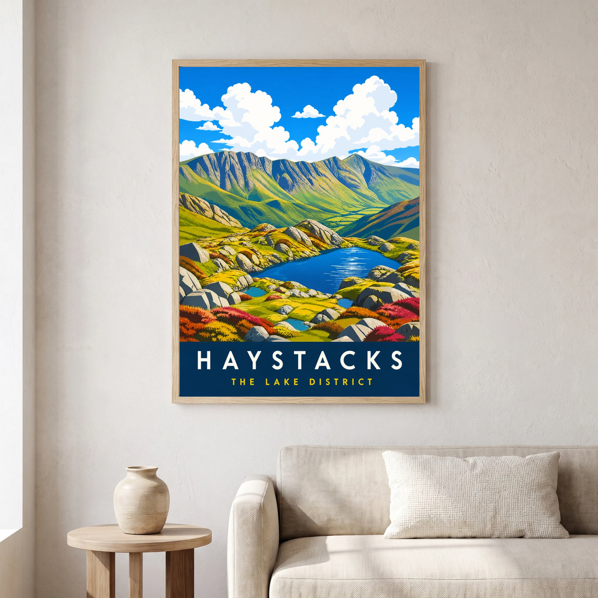 Haystacks travel poster in a natural frame, hanging in a living