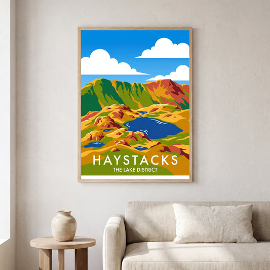 Haystacks travel poster in a natural frame, hanging in a living