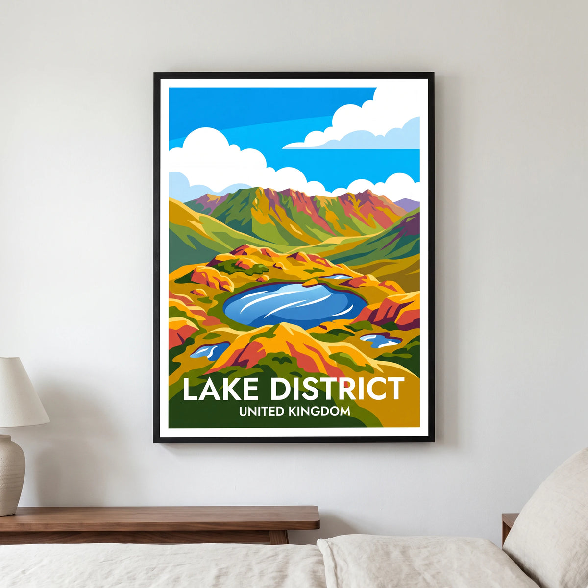 Haystacks travel poster in a black frame, hanging in a bedroom3