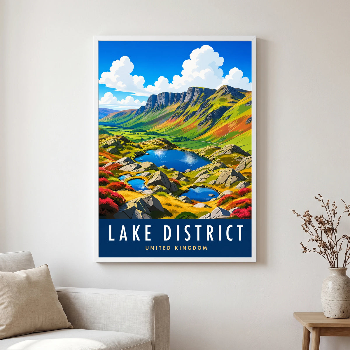 Haystacks travel poster in a white frame, hanging in a living2