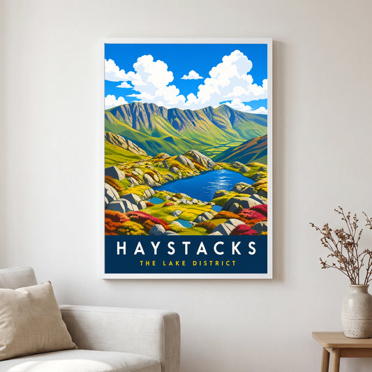 Haystacks travel poster in a white frame, hanging in a living2