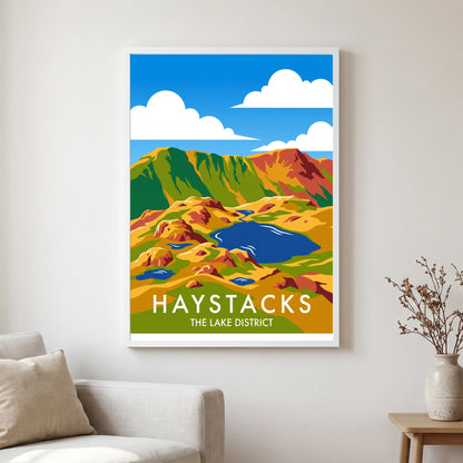 Haystacks travel poster in a white frame, hanging in a living2