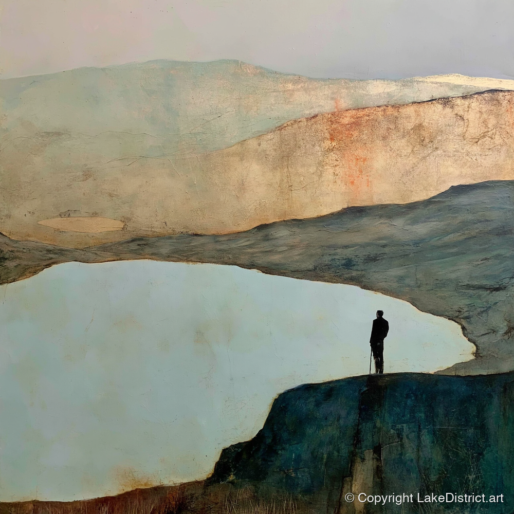 Haystacks Walker Beside Innominate Tarn - lake district fell art print and canvas by Silas Thorne A.I
