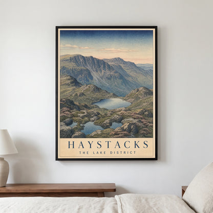 Haystacks travel poster in a black frame, hanging in a bedroom3
