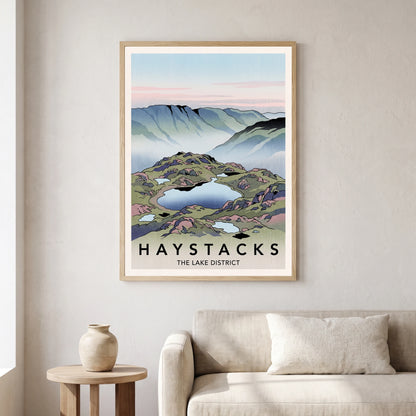 Haystacks travel poster in a natural frame, hanging in a living
