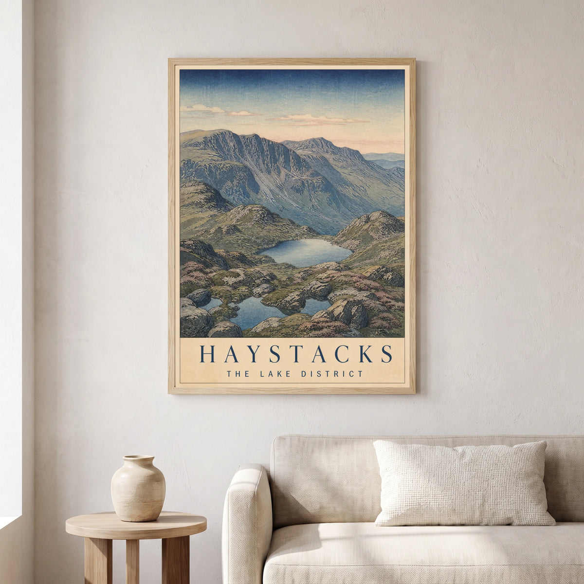 Haystacks travel poster in a natural frame, hanging in a living
