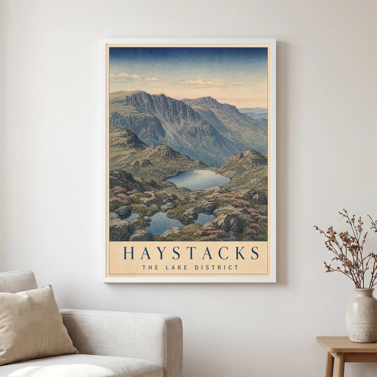 Haystacks travel poster in a white frame, hanging in a living2