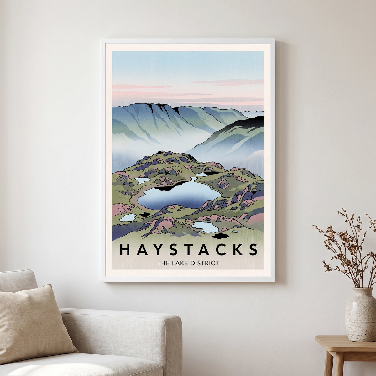 Haystacks travel poster in a white frame, hanging in a living2