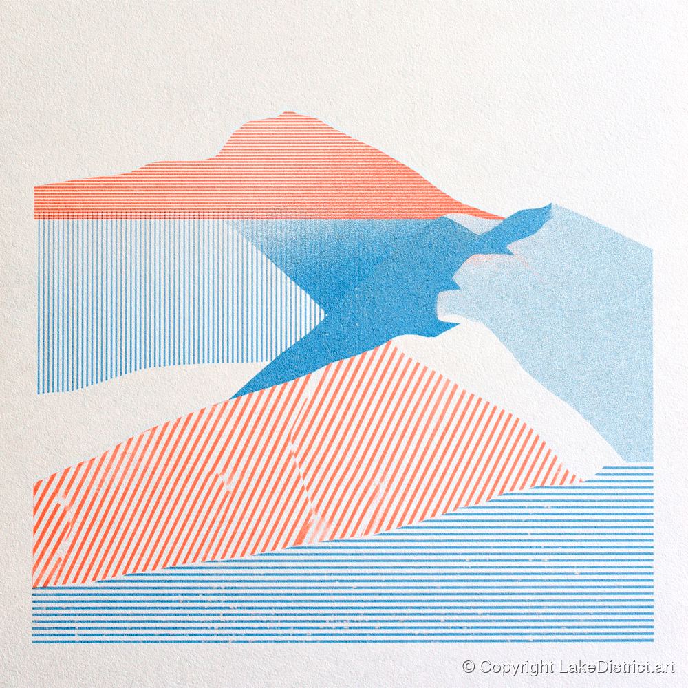 Helvellyn in Coral and Blue - lake district fell art print and canvas by Elliot Reid A.I