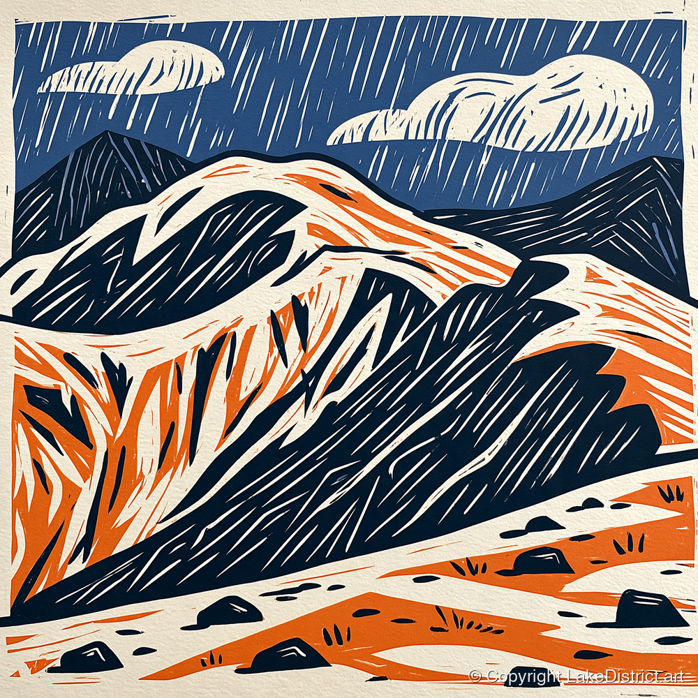 Helvellyn Ridge in Blue and Terracotta - lake district fell art print and canvas by Leon Baxter A.I