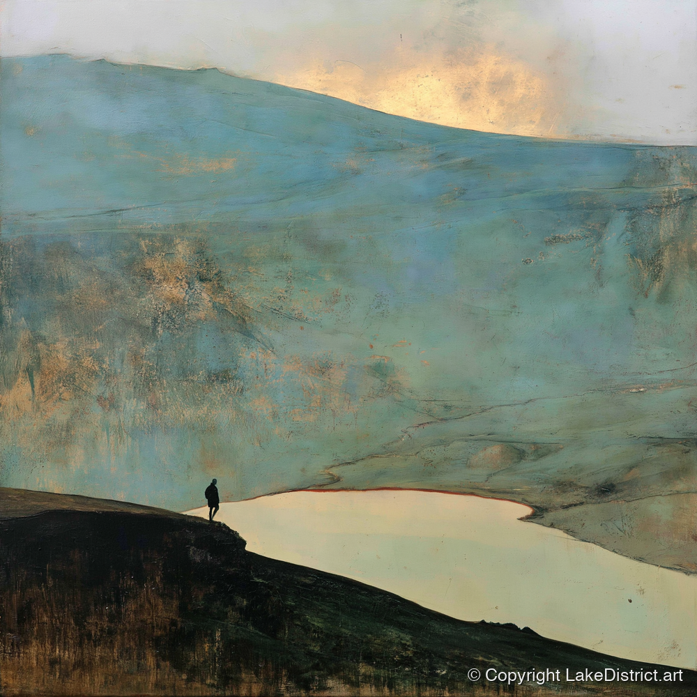 Helvellyn Walker and Golden Sky - lake district fell art print and canvas by Silas Thorne A.I