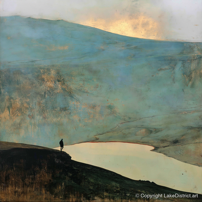 Helvellyn Walker and Golden Sky - lake district fell art print and canvas by Silas Thorne A.I