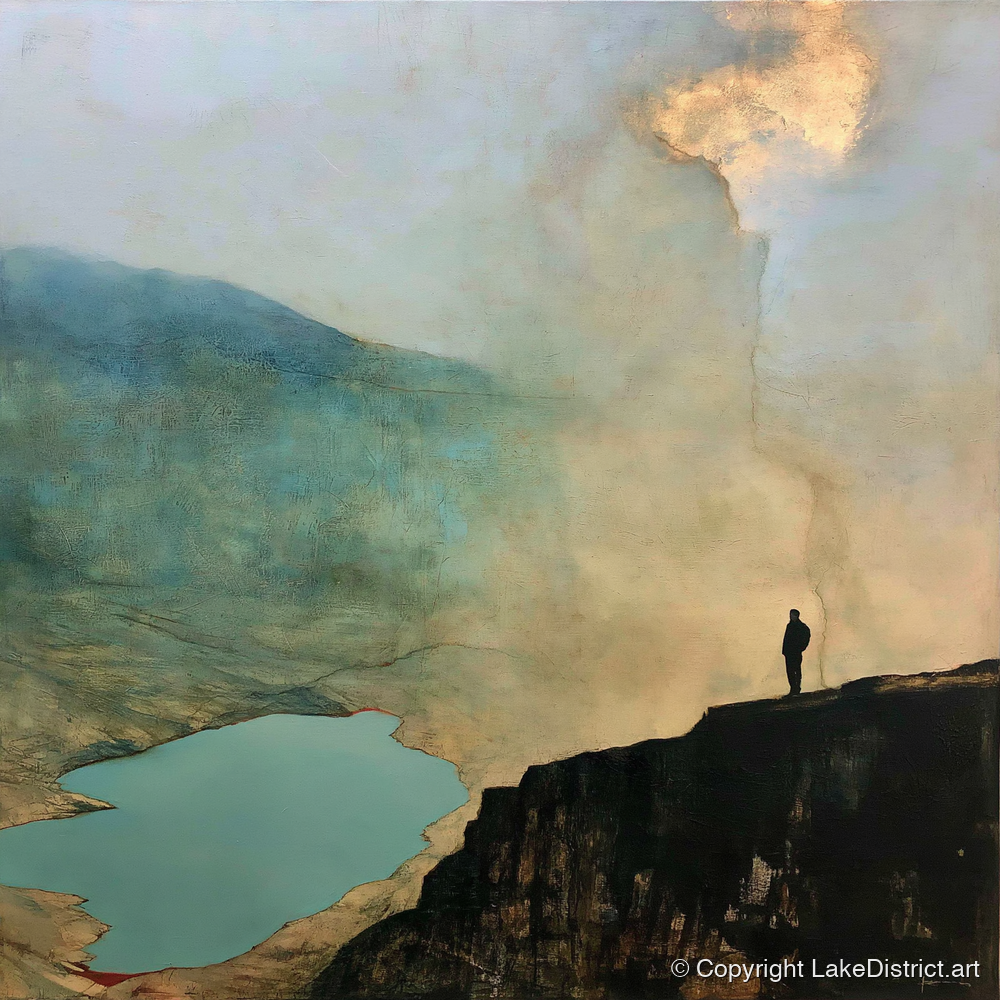 Helvellyn Walker Beneath Golden Clouds - lake district fell art print and canvas by Silas Thorne A.I