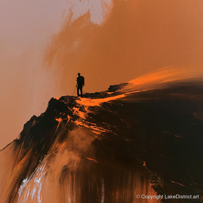 Helvellyn Walker in Amber Light - lake district walking art print and canvas by James Yarborough A.I