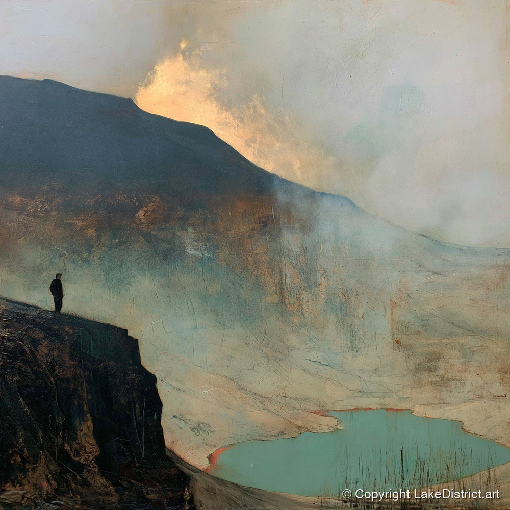 Helvellyn Walker in Golden Mist - lake district fell art print and canvas by Silas Thorne A.I