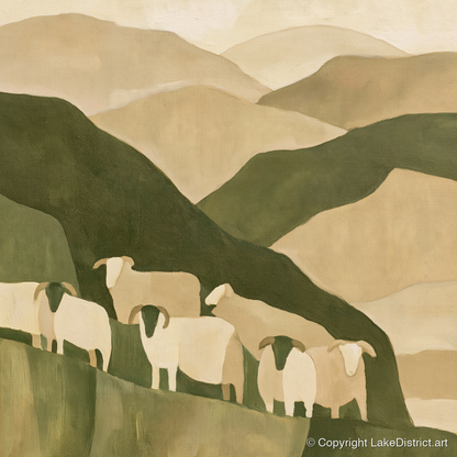 Herdwick Flock on Earthy Fells - lake district wildlife art print and canvas by Felix Atwood A.I