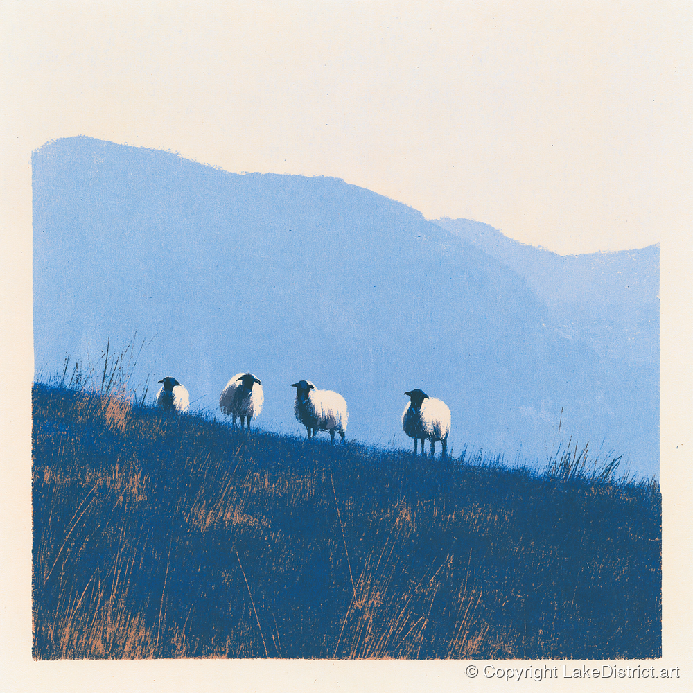 Herdwick Flock on Indigo Fellside - lake district wildlife art print and canvas by Jasper Flint A.I