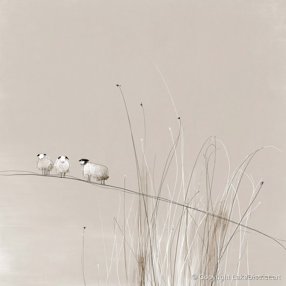 Herdwick Sheep among Fellside Grasses - lake district wildlife art print and canvas by Ellis Calder A.I