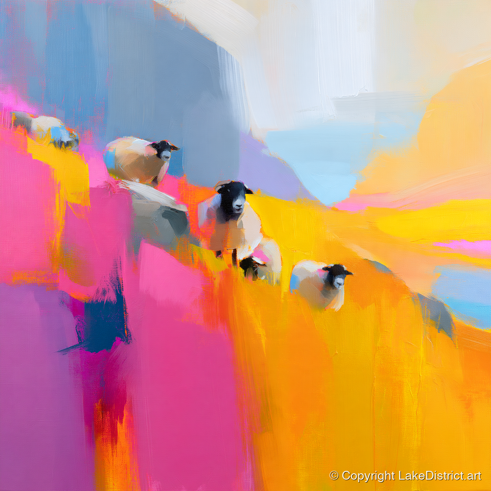 Herdwick Sheep in Fuchsia and Gold - lake district wildlife art print and canvas by Imogen Tate A.I