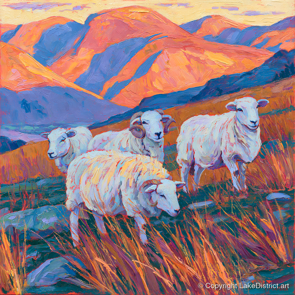 Herdwick Sheep in Sunset Fells - lake district wildlife art print and canvas by Celia Harding A.I