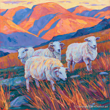 Herdwick Sheep in Sunset Fells - lake district wildlife art print and canvas by Celia Harding A.I