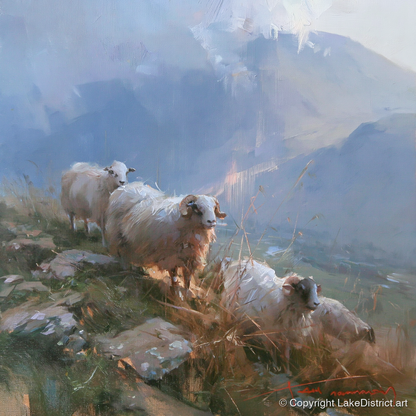 Herdwick Sheep on a Sunlit Fell - lake district wildlife art print and canvas by Marcus Dalton A.I