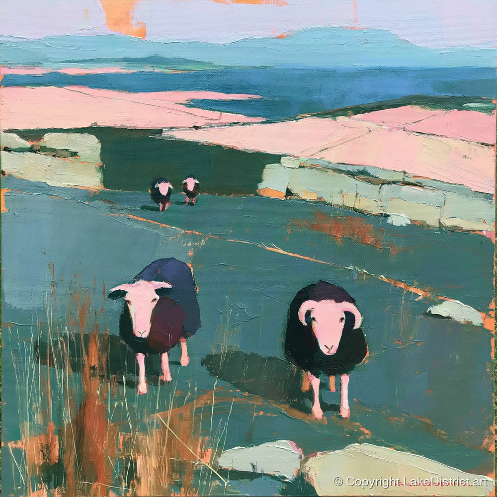 Herdwick Sheep on a Teal Fellside - lake district wildlife art print and canvas by Diana Sutherland A.I