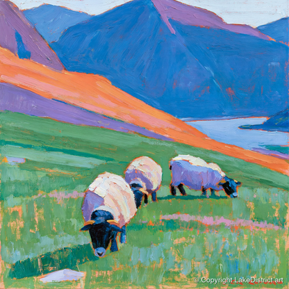Herdwick Sheep on Colourful Fell - lake district wildlife art print and canvas by Marshall Davies A.I