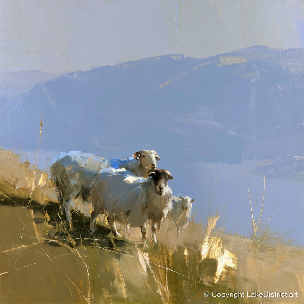 Herdwick Sheep on Golden Fells - lake district wildlife art print and canvas by Elias Thorne A.I