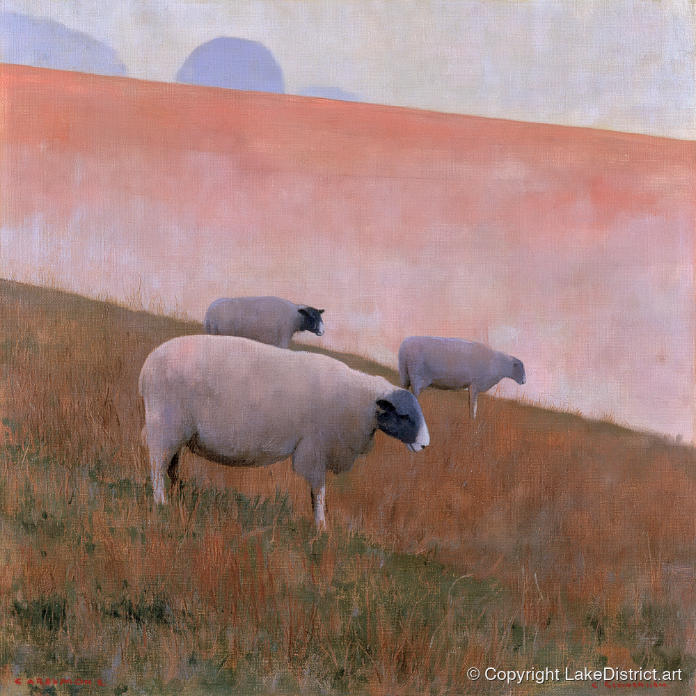 Herdwick Sheep on Pastel Fellside - lake district wildlife art print and canvas by Alistair Thorne A.I