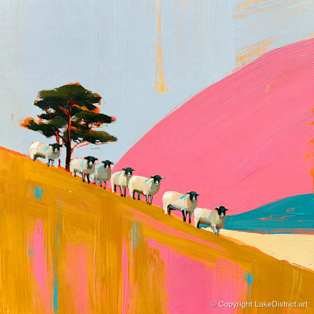 Herdwick Sheep on Pink Fellside - lake district wildlife art print and canvas by Genevieve Moore A.I