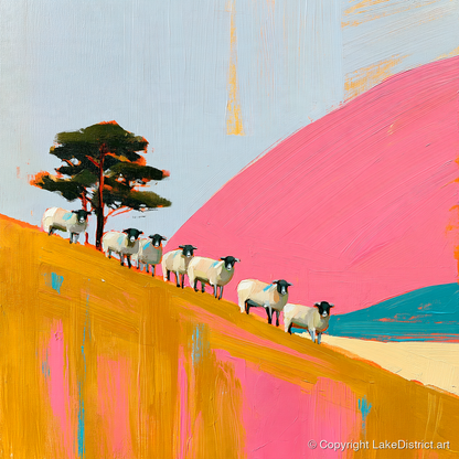 Herdwick Sheep on Pink Fellside - lake district wildlife art print and canvas by Genevieve Moore A.I