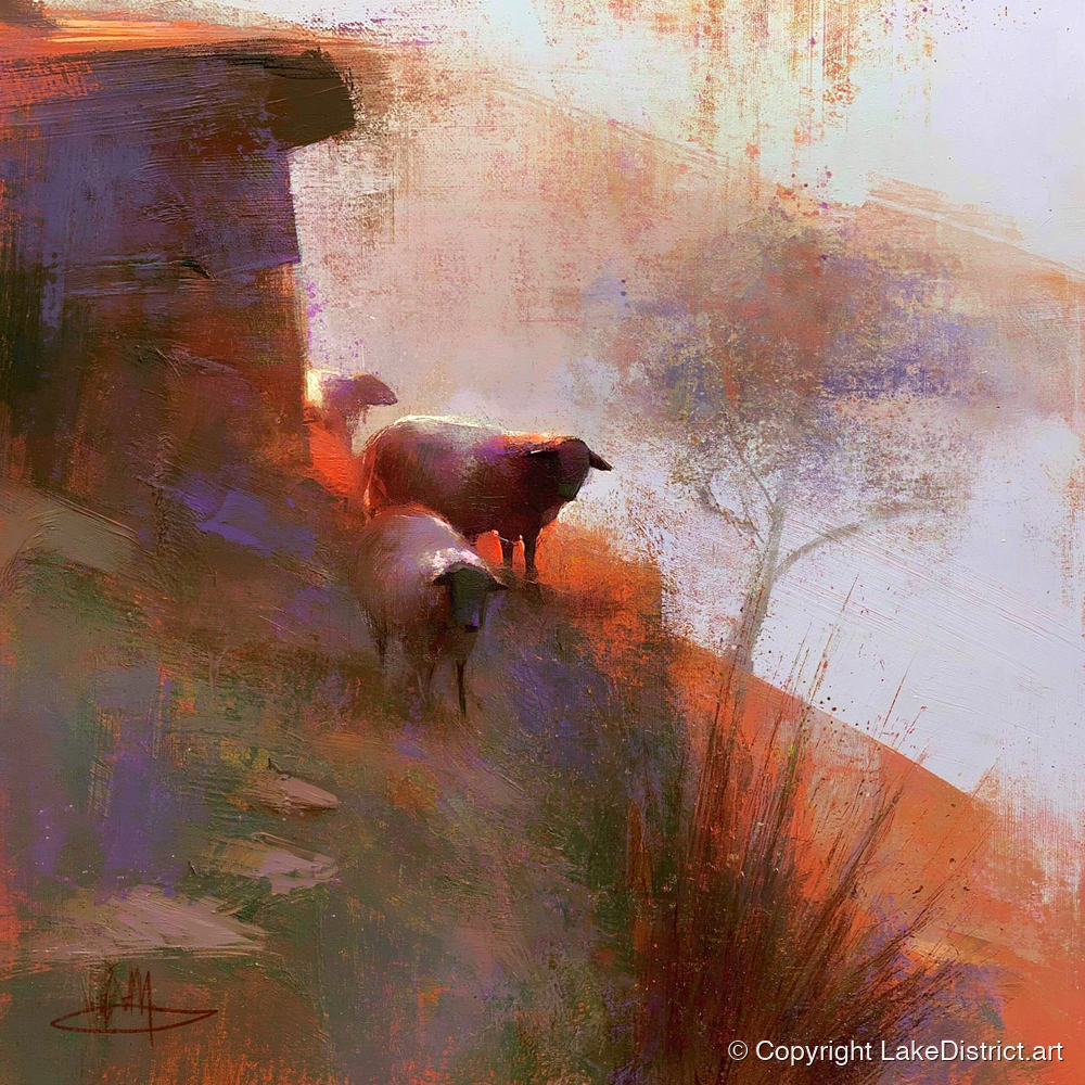 Herdwick Sheep on Sunlit Fellside - lake district wildlife art print and canvas by Rupert Kingsley A.I