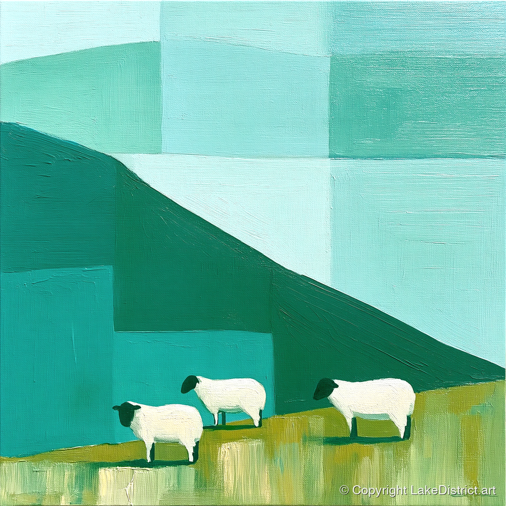 Herdwick Sheep on Teal Fellside - lake district wildlife art print and canvas by Sebastian Finch A.I