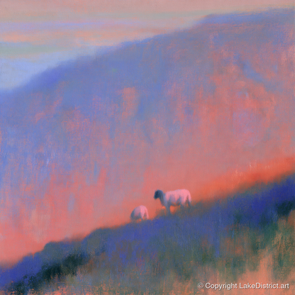 Herdwick Sheep on Twilight Fellside - lake district wildlife art print and canvas by Theodore Vance A.I