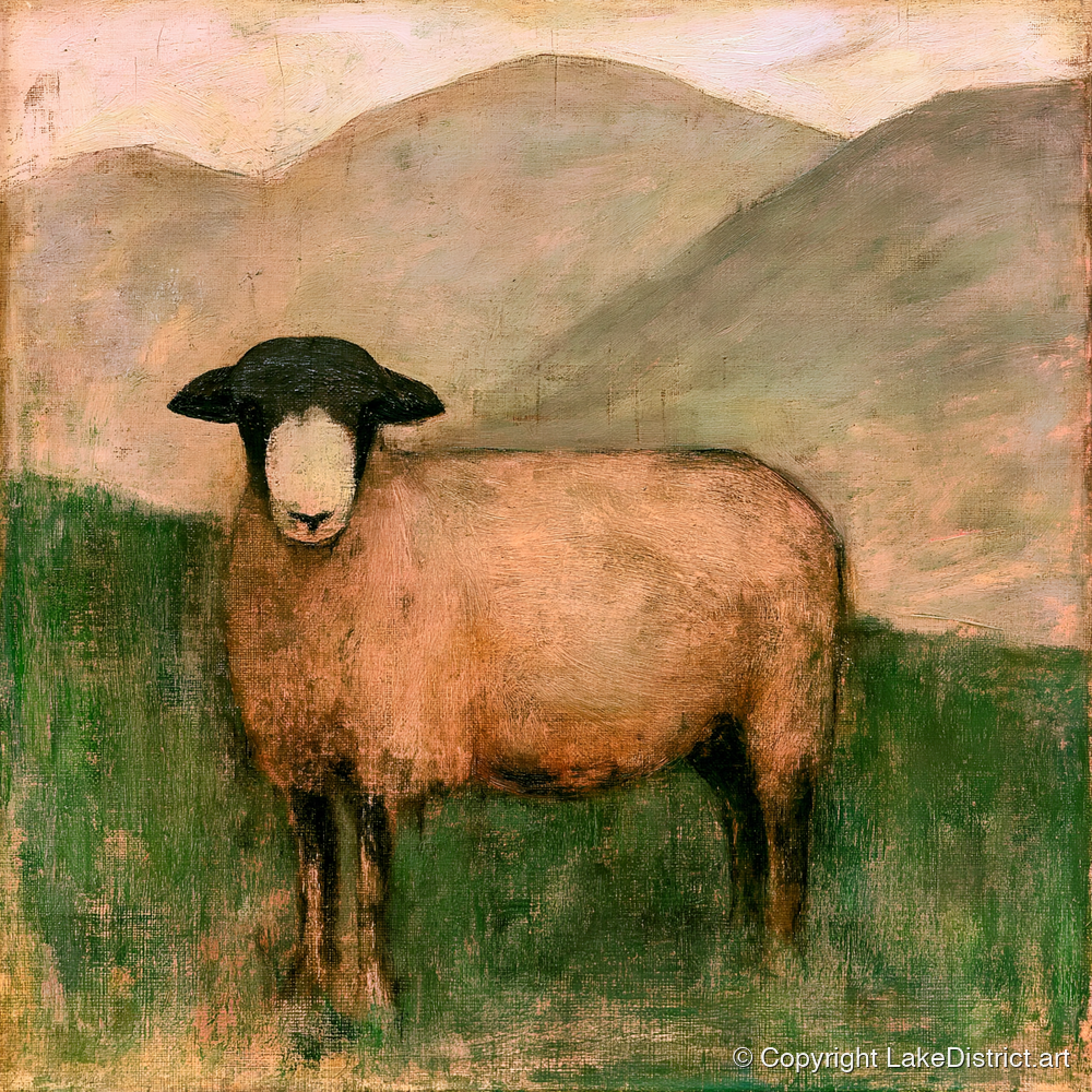 Herdwick Sheep on Warm Fellside - lake district wildlife art print and canvas by Arabella Knight A.I
